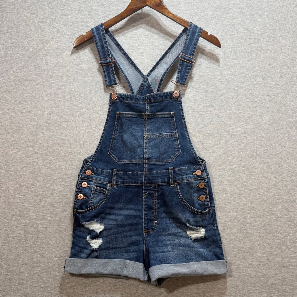 No Boundaries Shortall Overalls Womens S Dark Wash Distressed